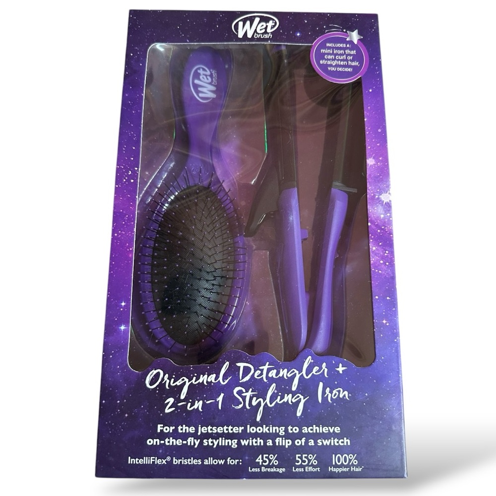 New Wet Brush & Styling Flat Curling Iron Combo Travel Set Purple / Eggplant
